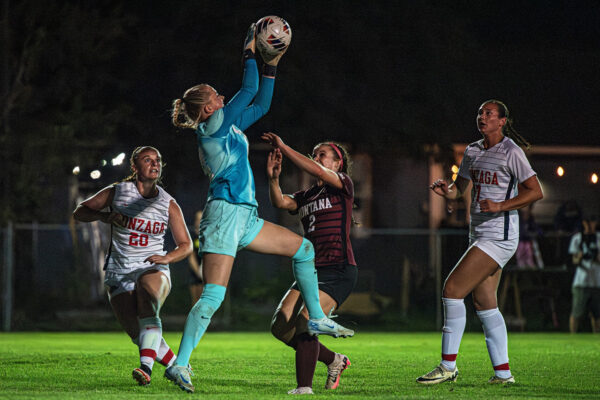 Freshman keeper and Whitefish local Norah Schmidt makes a save for Gonzaga in their exhibition game versus the Montana Grizzlies in Columbia Falls Sunday, August 11. (Avery Howe/Bigfork Eagle)